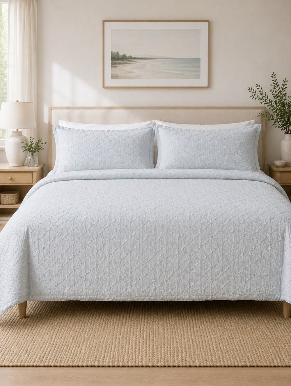 VINTAGE King Duvet Cover Quilted Cotton Calm Blue Grey Sham 3pc Set